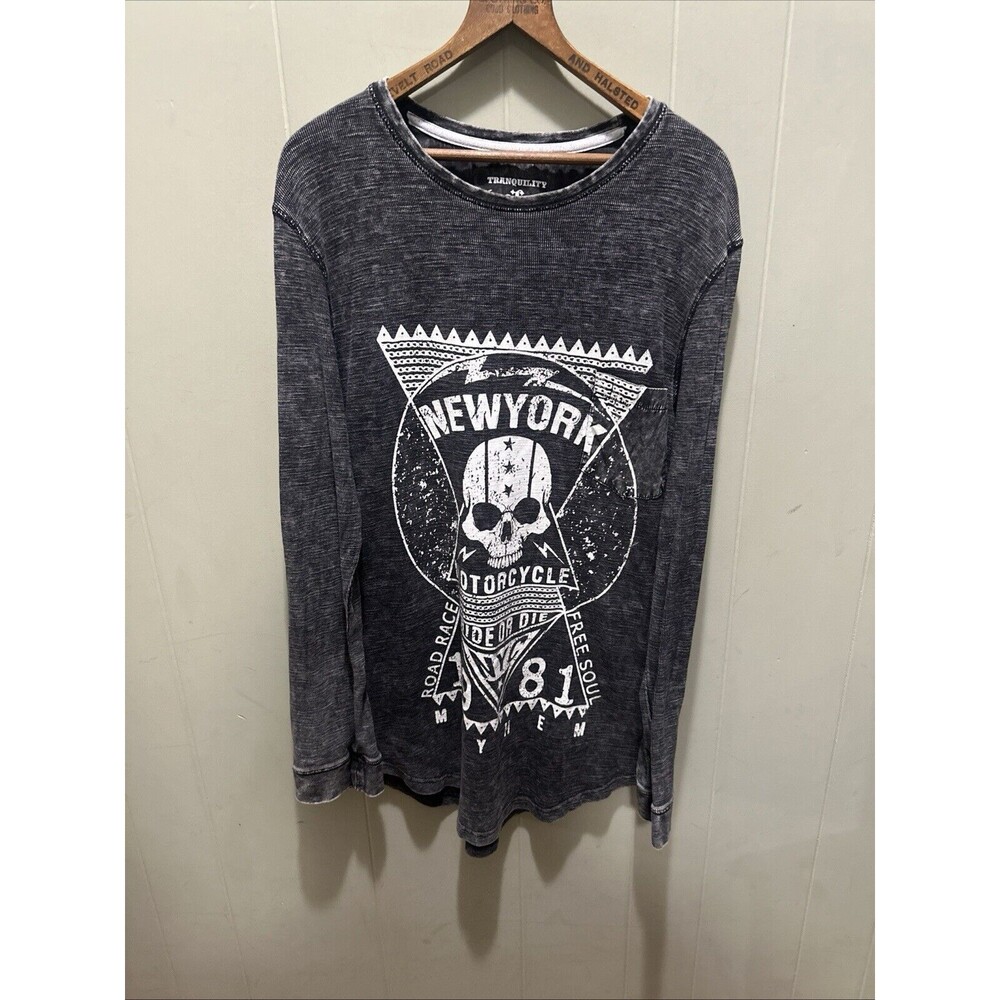 TRANQUILITY & MAYHEM NEW YORK MOTORCYCLE RIDE OR DIE SKULLS MEN’S SZ LRG EUC